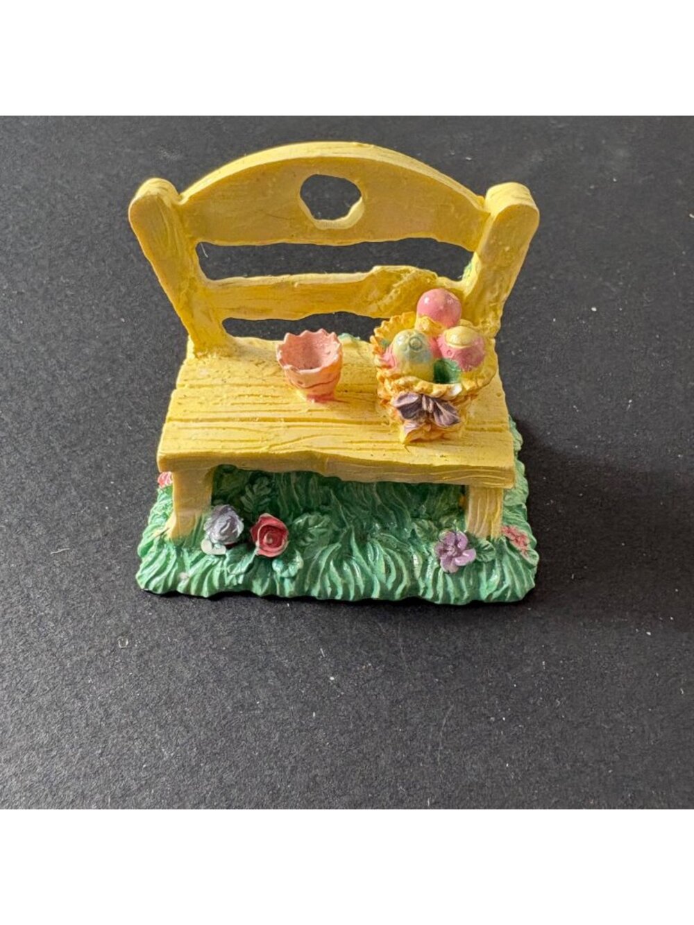 Miniature Yellow Bench Figurine Egg Basket Flowers Hand-Painted Polyresin Decor